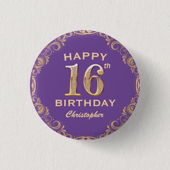 16th Birthday Party Purple and Gold Glitter Frame 3 Cm Round Badge (Front)