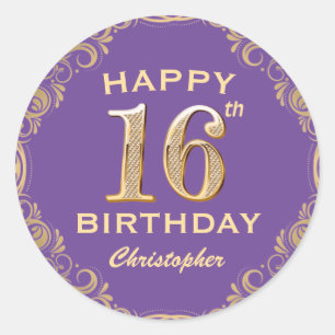 16th Birthday Party Purple and Gold Glitter Frame Classic Round Sticker