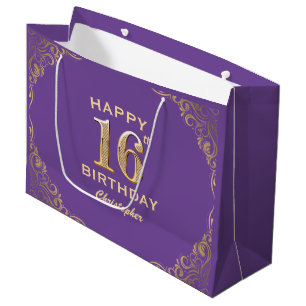 16th Birthday Party Purple and Gold Glitter Frame Large Gift Bag