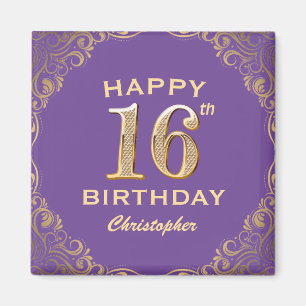 16th Birthday Party Purple and Gold Glitter Frame Magnet