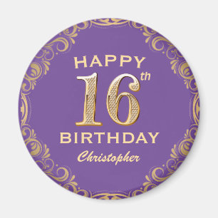 16th Birthday Party Purple and Gold Glitter Frame Magnet