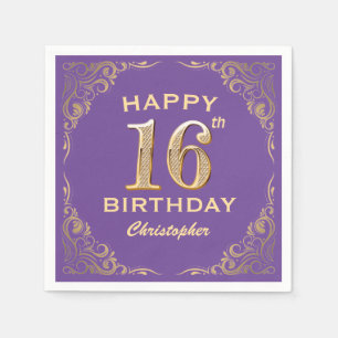 16th Birthday Party Purple and Gold Glitter Frame Napkin