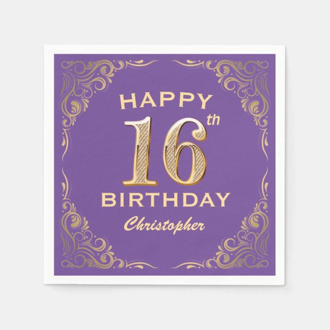 16th Birthday Party Purple and Gold Glitter Frame Napkin (Front)
