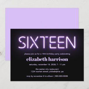 16th Birthday Party Purple Neon Lights Invitation