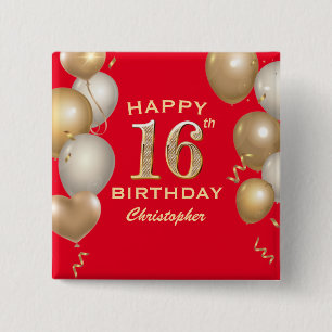 16th Birthday Party Red and Gold Balloons 15 Cm Square Badge