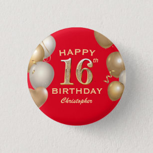 16th Birthday Party Red and Gold Balloons 3 Cm Round Badge