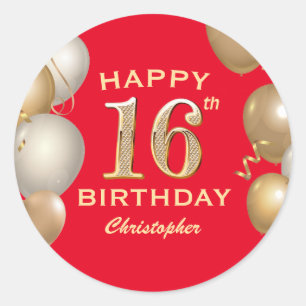 16th Birthday Party Red and Gold Balloons Classic Round Sticker