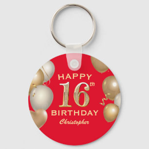 16th Birthday Party Red and Gold Balloons Key Ring