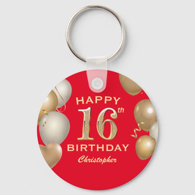 16th Birthday Party Red and Gold Balloons Key Ring (Front)