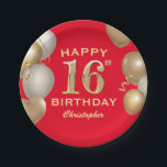 16th Birthday Party Red and Gold Balloons Paper Plate<br><div class="desc">16th Birthday Party Red and Gold Balloons and Confetti Paper Plates. For further customisation,  please click the "Customise it" button and use our design tool to modify this template.</div>