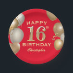16th Birthday Party Red and Gold Balloons Paper Plate<br><div class="desc">16th Birthday Party Red and Gold Balloons and Confetti Paper Plates. For further customisation,  please click the "Customise it" button and use our design tool to modify this template.</div>
