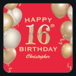 16th Birthday Party Red and Gold Balloons Square Sticker<br><div class="desc">16th Birthday Party Red and Gold Balloons and Confetti Sticker. For further customisation,  please click the "Customise it" button and use our design tool to modify this template.</div>