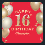 16th Birthday Party Red and Gold Balloons Square Sticker<br><div class="desc">16th Birthday Party Red and Gold Balloons and Confetti Sticker. For further customisation,  please click the "Customise it" button and use our design tool to modify this template.</div>