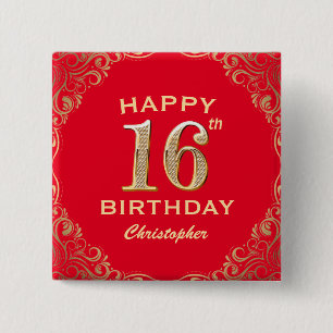16th Birthday Party Red and Gold Glitter Frame 15 Cm Square Badge