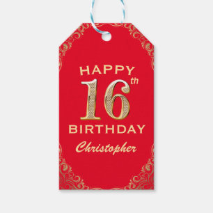 16th Birthday Party Red and Gold Glitter Frame Gift Tags