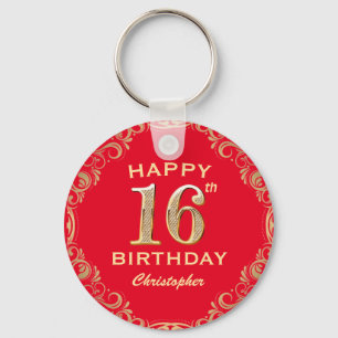 16th Birthday Party Red and Gold Glitter Frame Key Ring