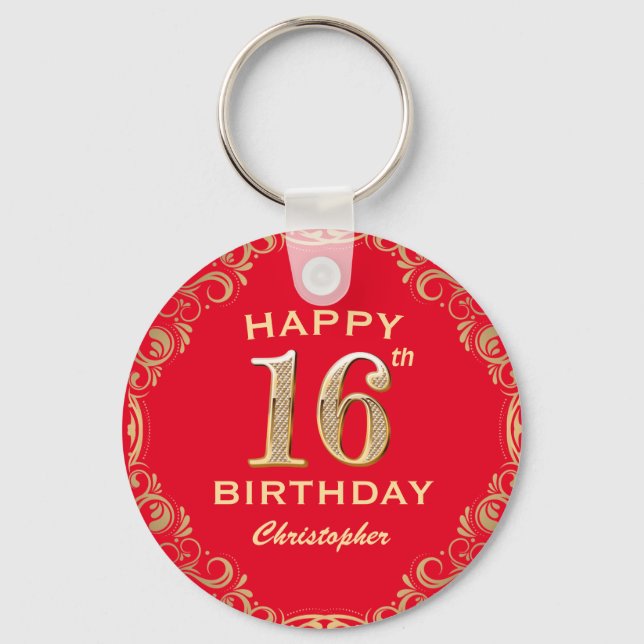 16th Birthday Party Red and Gold Glitter Frame Key Ring (Front)
