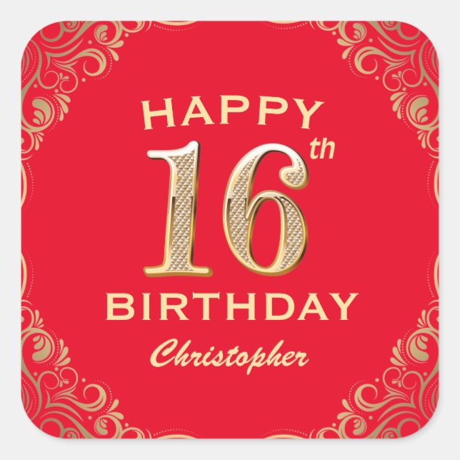 16th Birthday Party Red and Gold Glitter Frame Square Sticker (Front)
