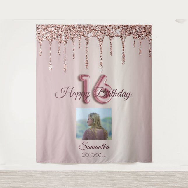 16th Birthday Party Rose Gold Balloon Glitter  Tapestry (Front)