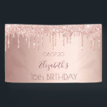 16th birthday party rose gold blush glitter drips banner<br><div class="desc">A banner for a girly and glamourous 16th birthday party. A faux rose gold metallic looking background with an elegant faux rose gold glitter drips, paint drip look. The text: Tempate for a name written in dark rose gold with a large modern hand lettered style script. Templates for a date...</div>