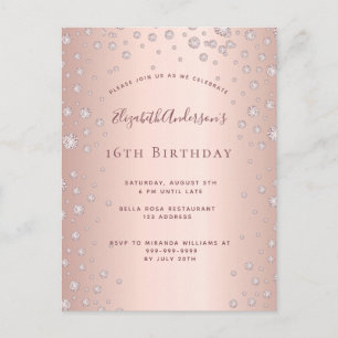 16th birthday party rose gold diamond invitation postcard