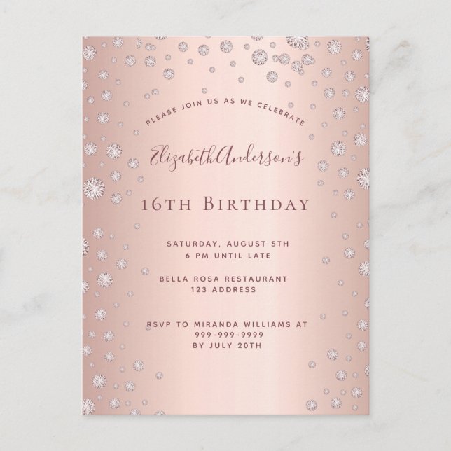 16th birthday party rose gold diamond invitation postcard (Front)