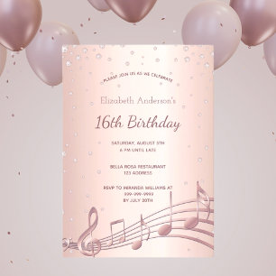 16th birthday party rose gold diamonds music invitation