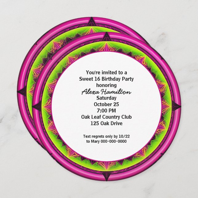 16th Birthday Party Round Neon Kaleidoscope  Invitation (Front/Back)