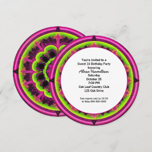 16th Birthday Party Round Neon Kaleidoscope  Invitation