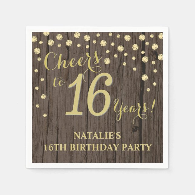 16th Birthday Party Rustic Wood and Gold Diamond N Napkin (Front)