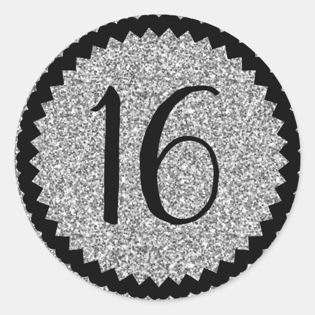 16th Birthday Party Silver Glitter Classic Round Sticker (Front)