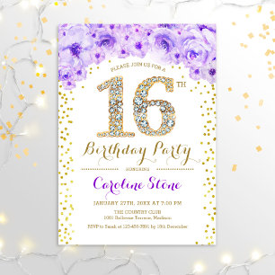 16th Birthday Party - White Gold Purple Invitation