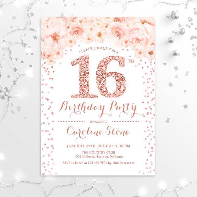 16th Birthday Party - White Rose Gold Invitation (Creator Uploaded)