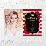 16th Birthday Party With Photo - Black Gold Red Invitation<br><div class="desc">16th birthday party invitation with your photo. Features dark red white stripes,  script font,  roses and confetti. Classy black white red design with faux glitter gold. Perfect for an elegant sweet sixteen bday celebration.</div>
