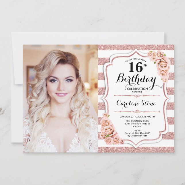 16th Birthday Party With Photo - Rose Gold White Invitation (Front)