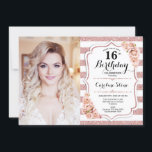 16th Birthday Party With Photo - Rose Gold White Invitation<br><div class="desc">16th birthday party invitation with your photo. Can be customized to show any age. Features stripes,  script font,  blush pink roses and confetti. Classy design with faux glitter rose gold. Perfect for an elegant sixteenth bday celebration.</div>