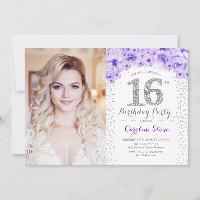 16th Birthday Party With Photo - Silver Purple Invitation (Front)