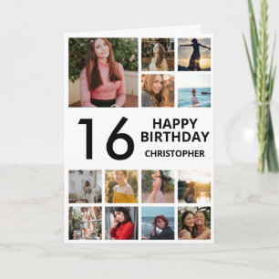 16th Birthday Photo Collage 13 Photos Black White Card