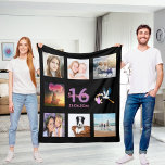 16th birthday photo collage girl black fleece blanket<br><div class="desc">A gift for a girl's 16th birthday,  celebrating her life with a collage of 8 of your photos.  Templates for a name,  age 16 and a date.  Date of birth or the date of the anniversary.  Pink and purple coloured letters.  Black coloured background.</div>