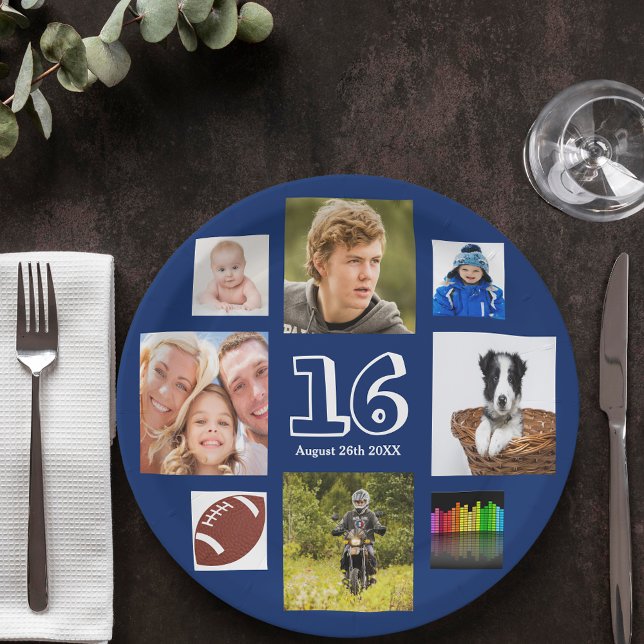 16th birthday photo collage navy blue boy paper plate (Creator Uploaded)