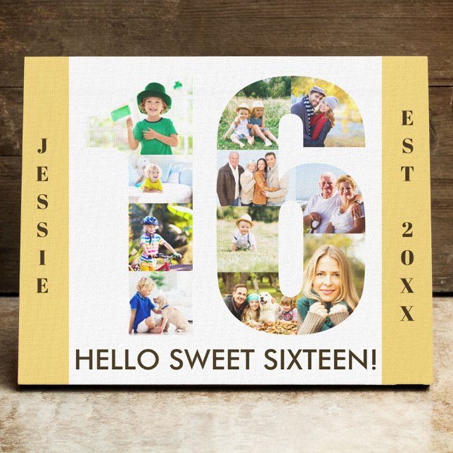 16th Birthday Photo Collage Number 16 Neutral Canvas Print (Creator Uploaded)