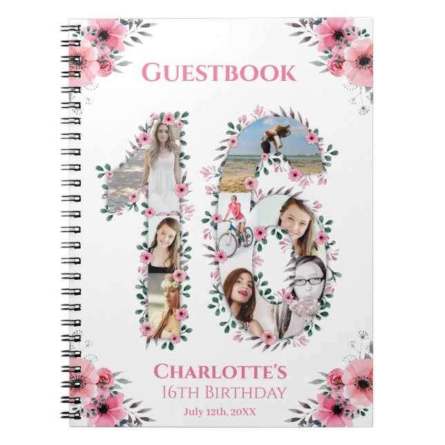 16th Birthday Photo Collage Pink Flower Guest Book (Front)