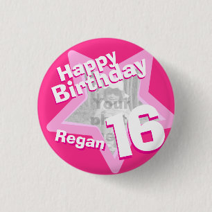 16th Birthday photo fun hot pink button/badge 3 Cm Round Badge