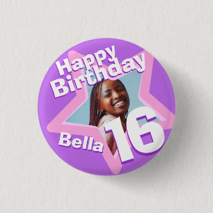 16th Birthday photo fun purple pink button/badge 3 Cm Round Badge