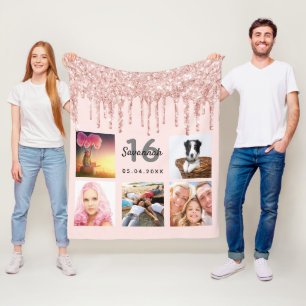 16th birthday photo rose gold glitter blush pink fleece blanket