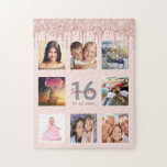 16th birthday photo rose gold pink drips jigsaw puzzle<br><div class="desc">A glamourous and unique 16th birthday gift or keepsake,  celebrating her life with a collage of 8 of your photos. Personalise and add a name,  age 16 and a date.  Grey and dark rose gold coloured letters.  Elegant and trendy blush pink background colour.  Decorated with rose gold coloured drips.</div>