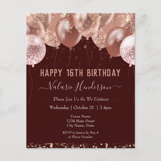 16th Birthday Pink Balloons Budget Invitation (Front)
