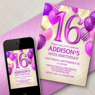 16th Birthday Pink Balloons Invitation