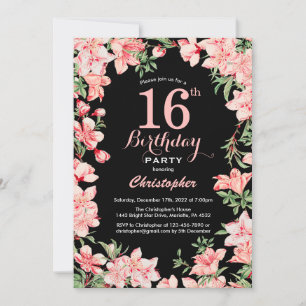 16th Birthday Pink Floral Flowers Black Background Invitation