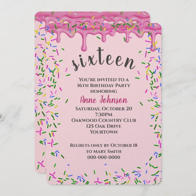 16th Birthday Pink Icing And Sprinkles Invitation (Front/Back)
